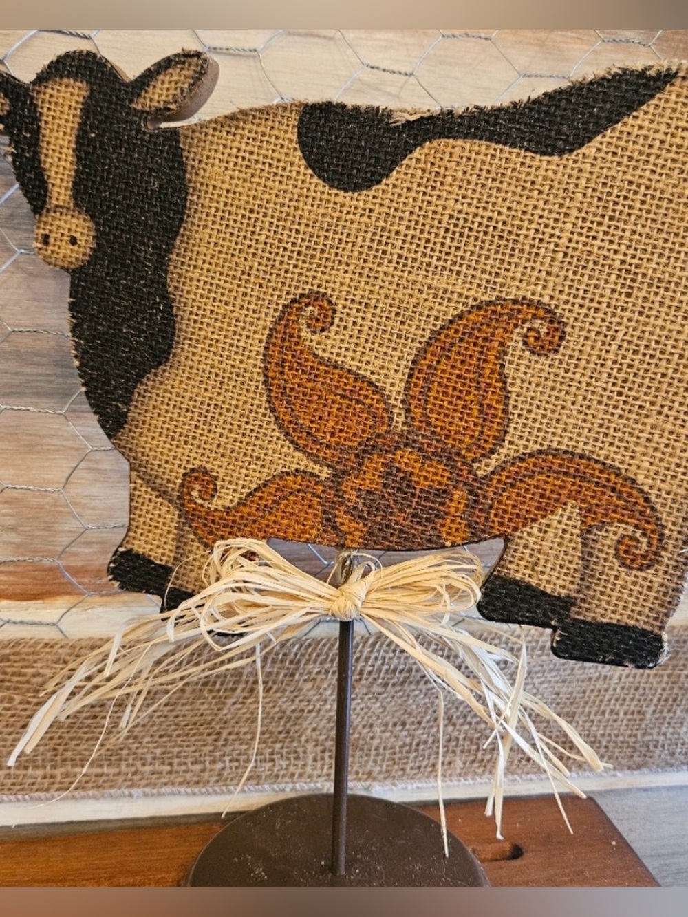 Rustic Farmhouse Burlap Decorative Cow Floral Print Raffia Bow Final Sale